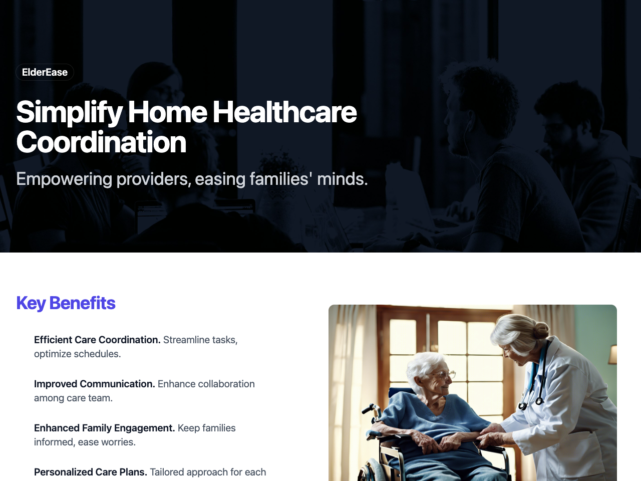 ElderEase: Simplify Home Healthcare Coordination webpage by Frederick Daso