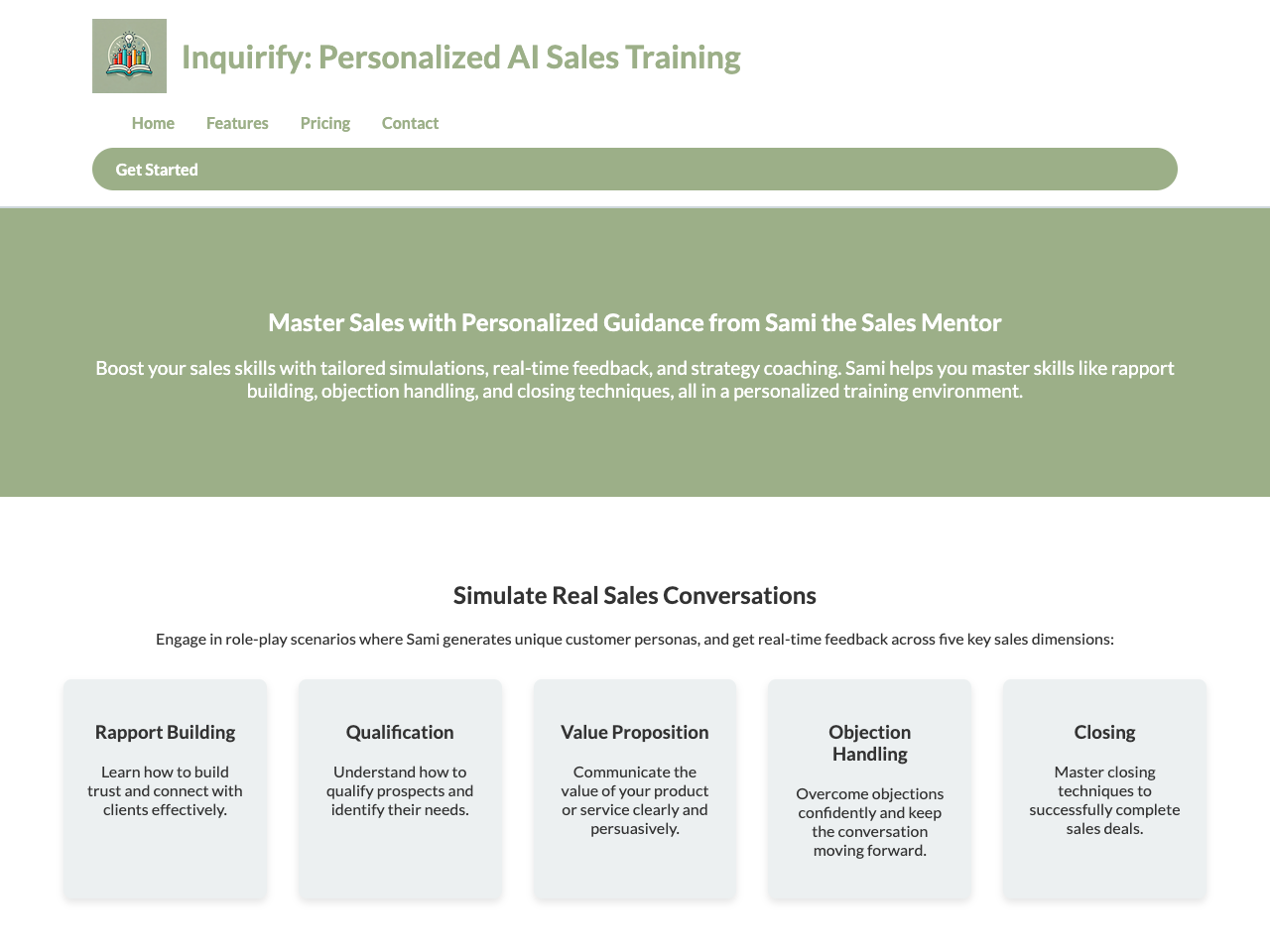 Inquirify: Transform Your Sales Skills with AI-Driven Coaching webpage by Sophia Olmos